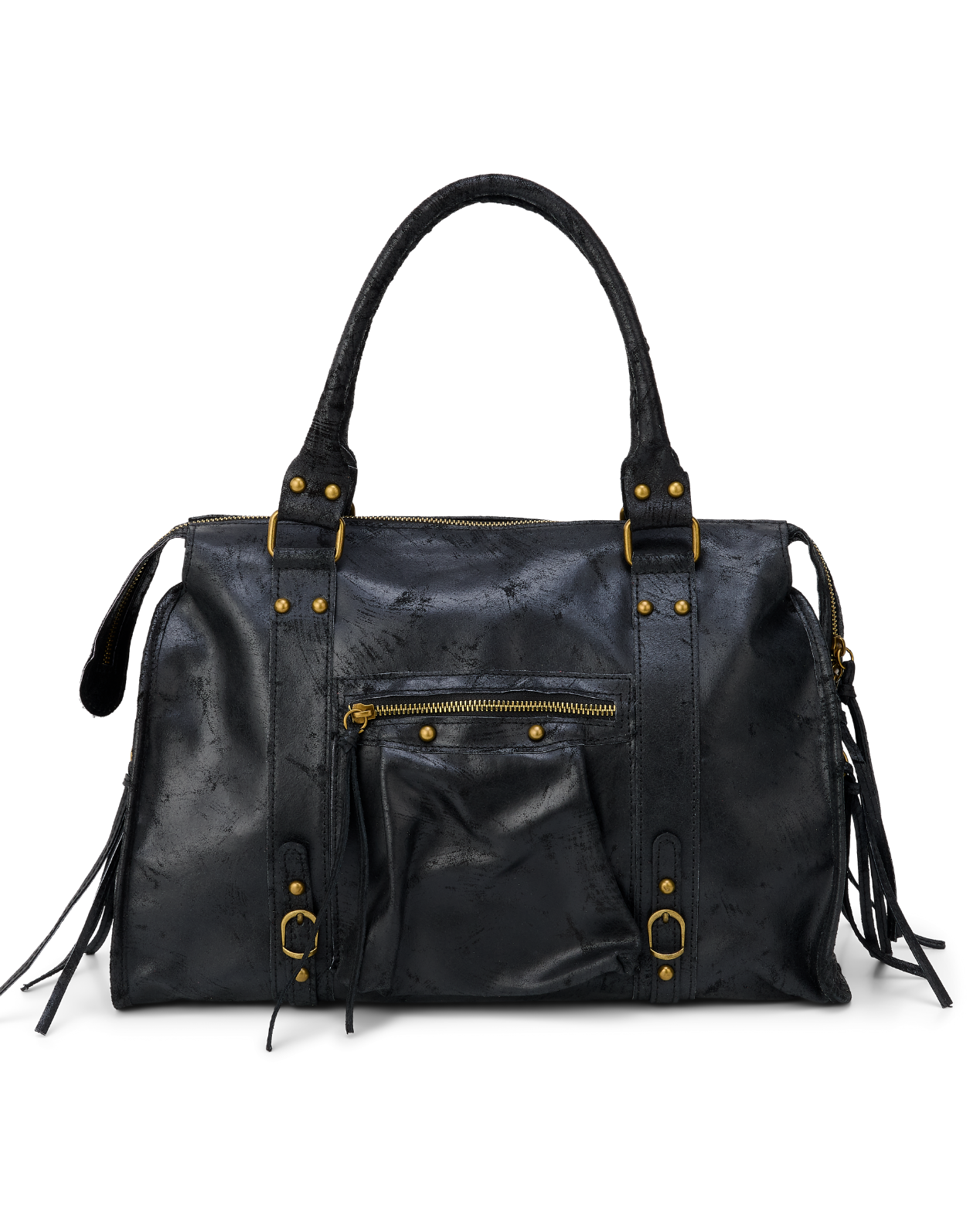 Black - Black leather handbag with gold accents on a white background
