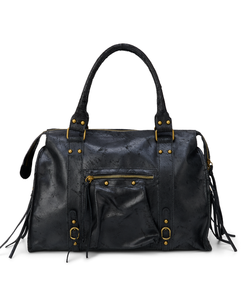 Black - Black leather handbag with gold accents on a white background