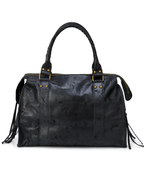 Black - Black leather handbag with fringe details on a white background