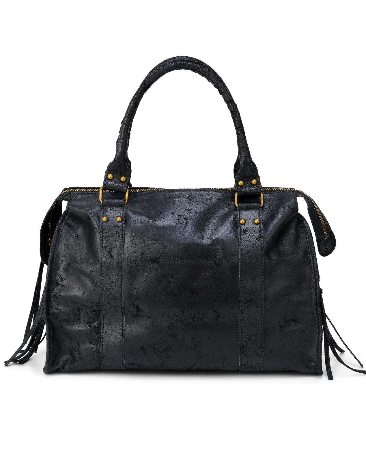 Black - Black leather handbag with fringe details on a white background