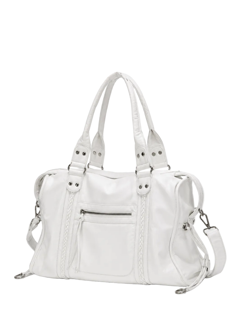 White - A white faux-leather duffel bag with double top handles, a front zippered pocket, and a detachable shoulder strap, shown against a light gray studio background.