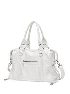 White - A white faux-leather duffel bag with double top handles, a front zippered pocket, and a detachable shoulder strap, shown against a light gray studio background.
