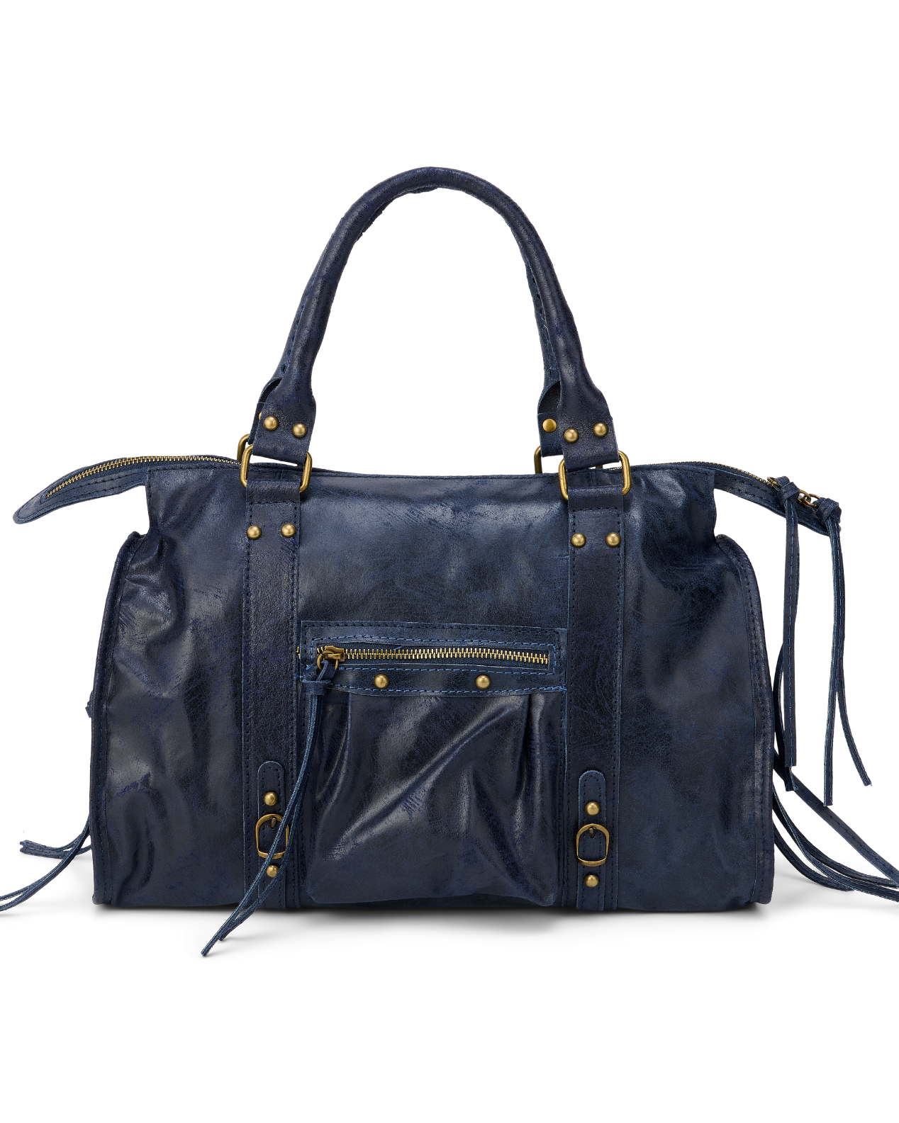 Navy - Navy blue leather handbag with gold accents on a white background