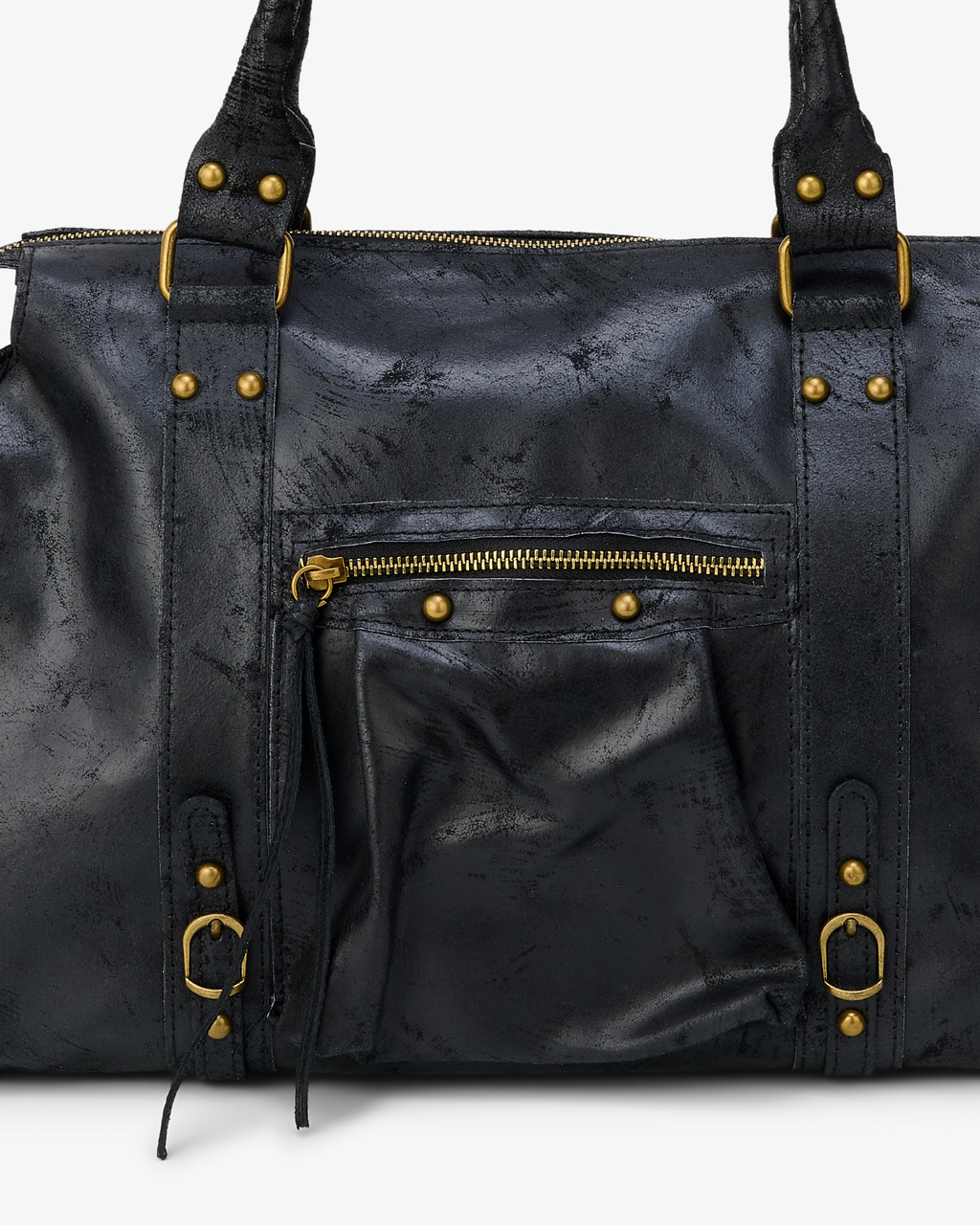 Black - Black leather bag with gold hardware on a white background