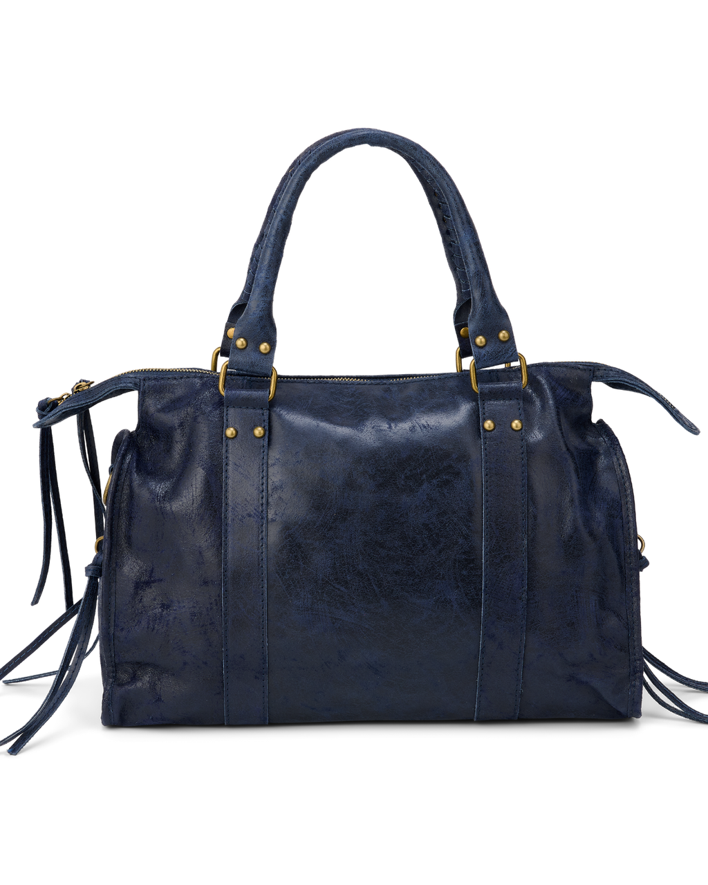 Navy - Navy blue handbag with gold accents on a white background