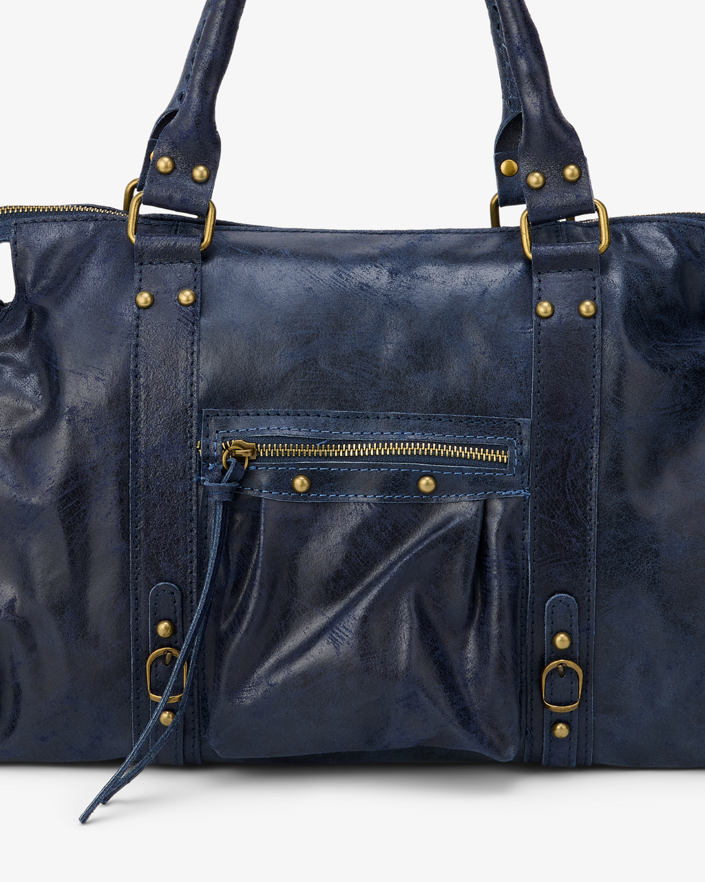 Navy - Blue leather bag with gold hardware on a white background