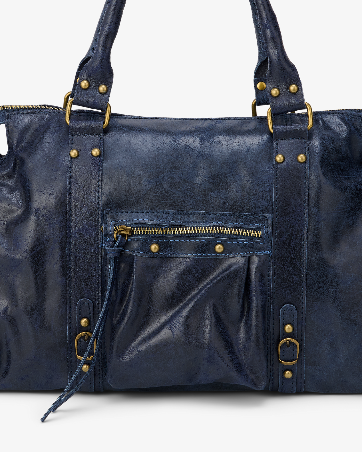 Navy - Blue leather bag with gold hardware on a white background