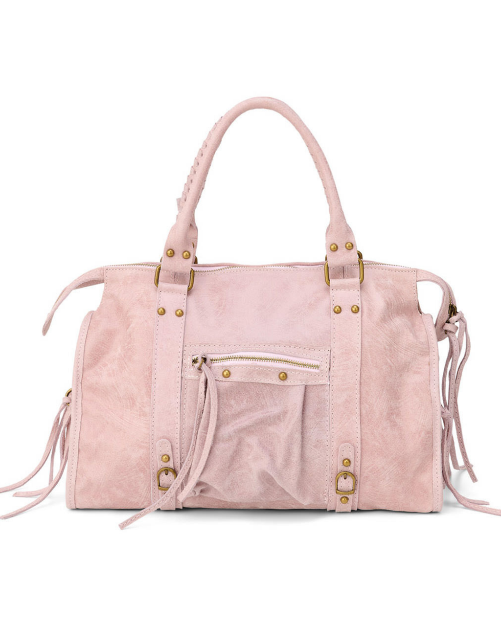Pink - Pink suede handbag with gold accents on a white background