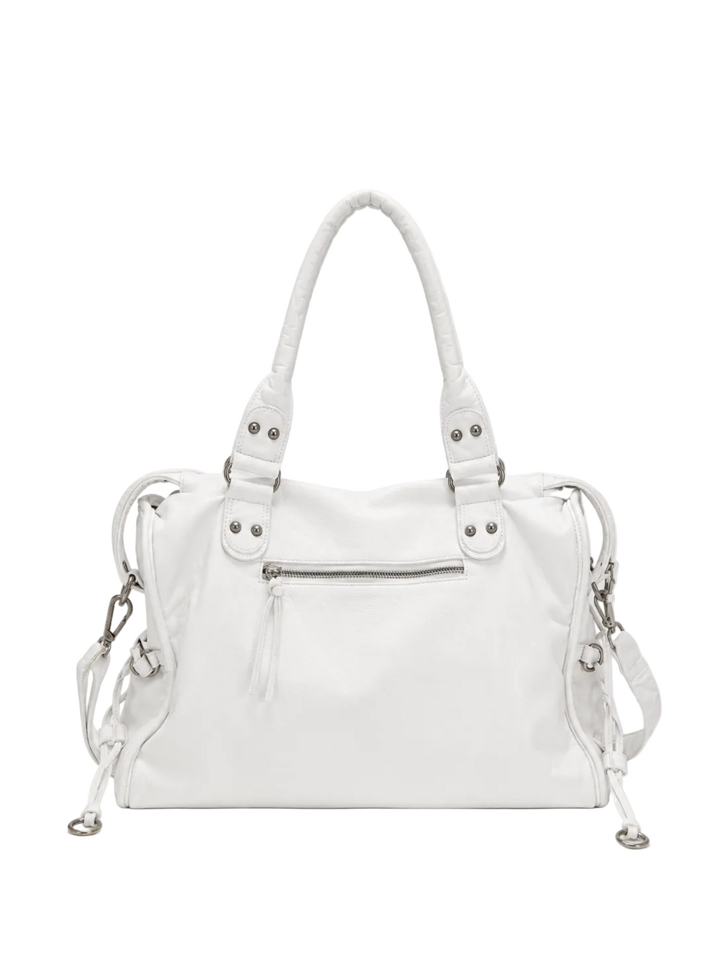 White - A white faux-leather handbag with dual top handles, silver-tone hardware, and a detachable shoulder strap, shown against a light gray studio background.
