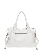 White - A white faux-leather handbag with dual top handles, silver-tone hardware, and a detachable shoulder strap, shown against a light gray studio background.