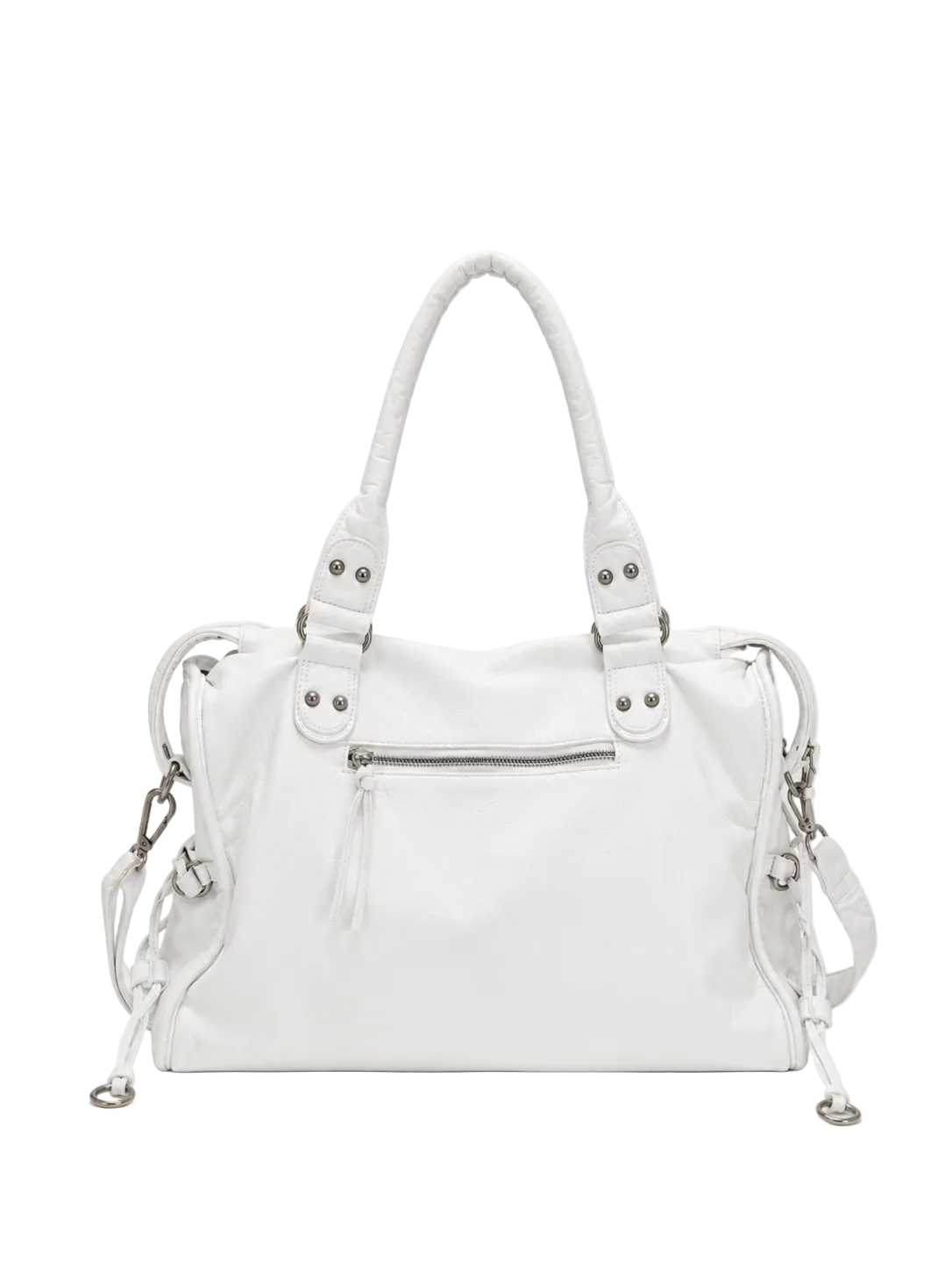 White - A white faux-leather handbag with dual top handles, silver-tone hardware, and a detachable shoulder strap, shown against a light gray studio background.