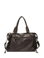 Coffee - leather handbag with decorative straps on a white background
