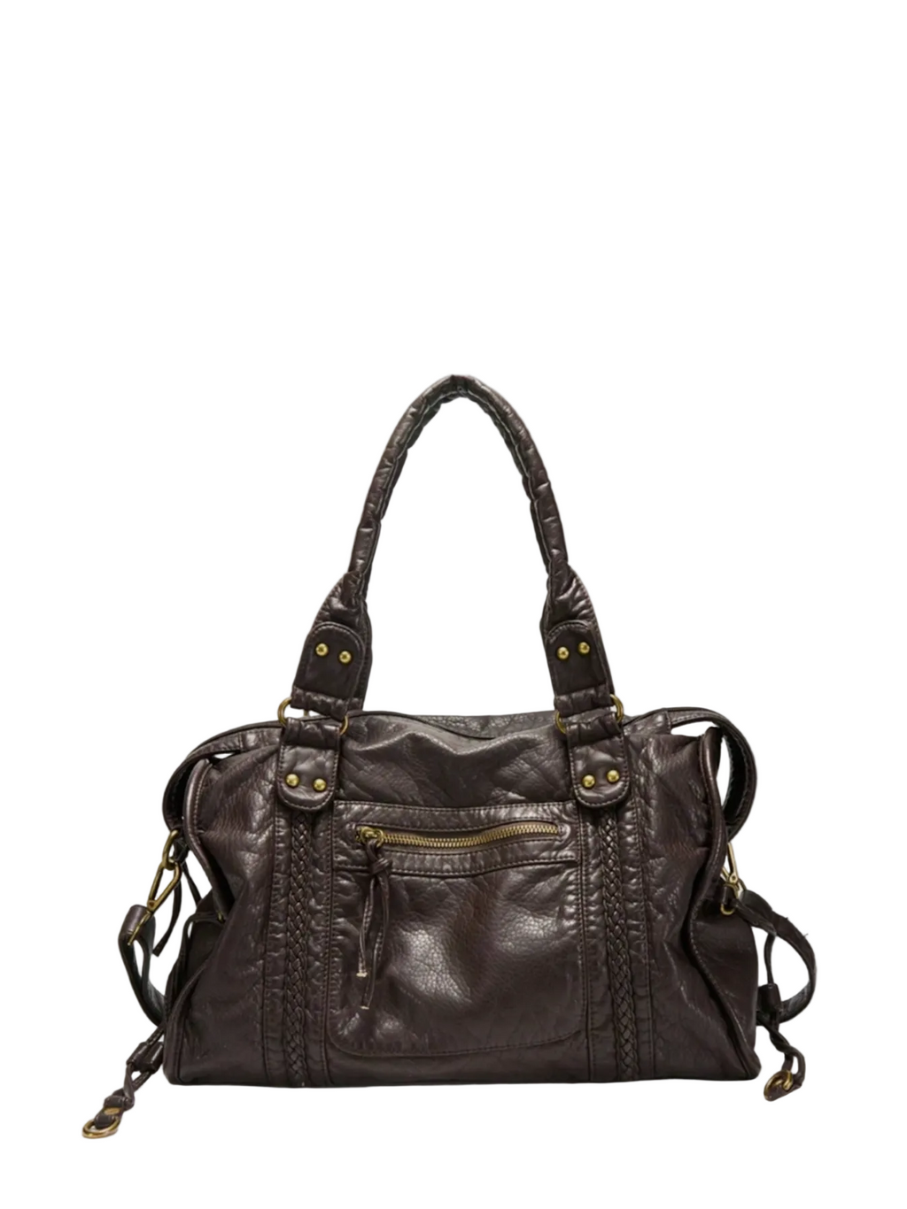 Coffee - leather handbag with decorative straps on a white background