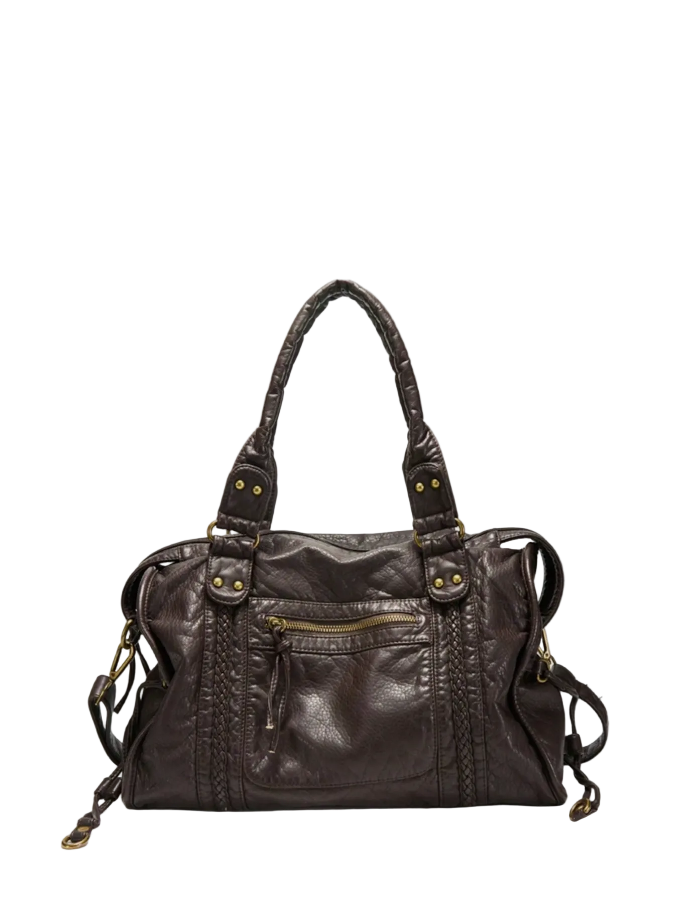 Coffee - leather handbag with decorative straps on a white background