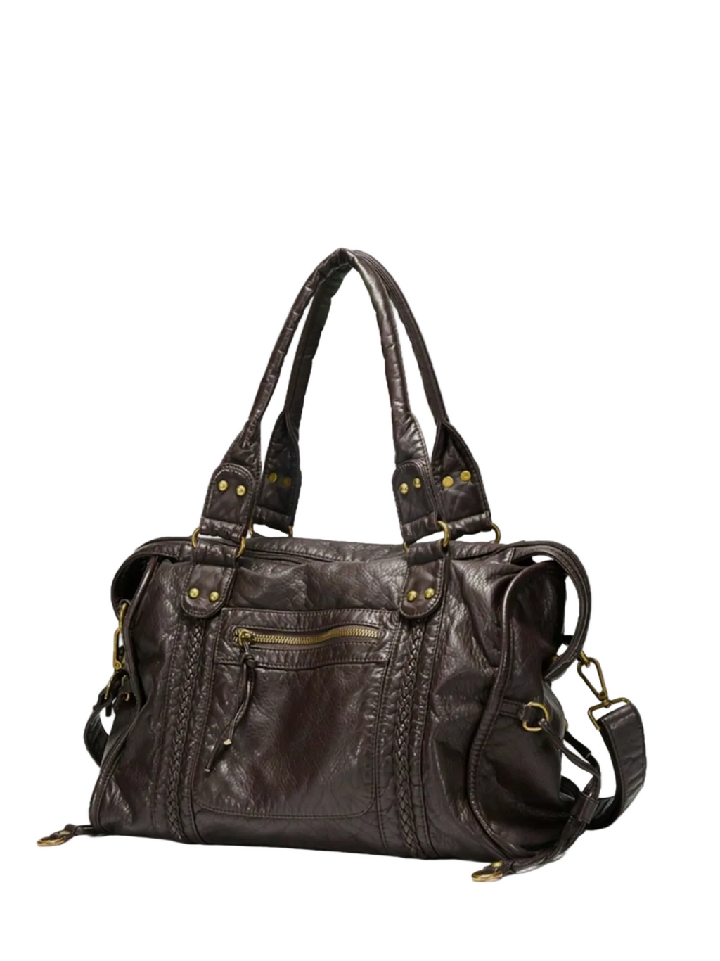 Coffee - leather handbag with decorative straps on a white background