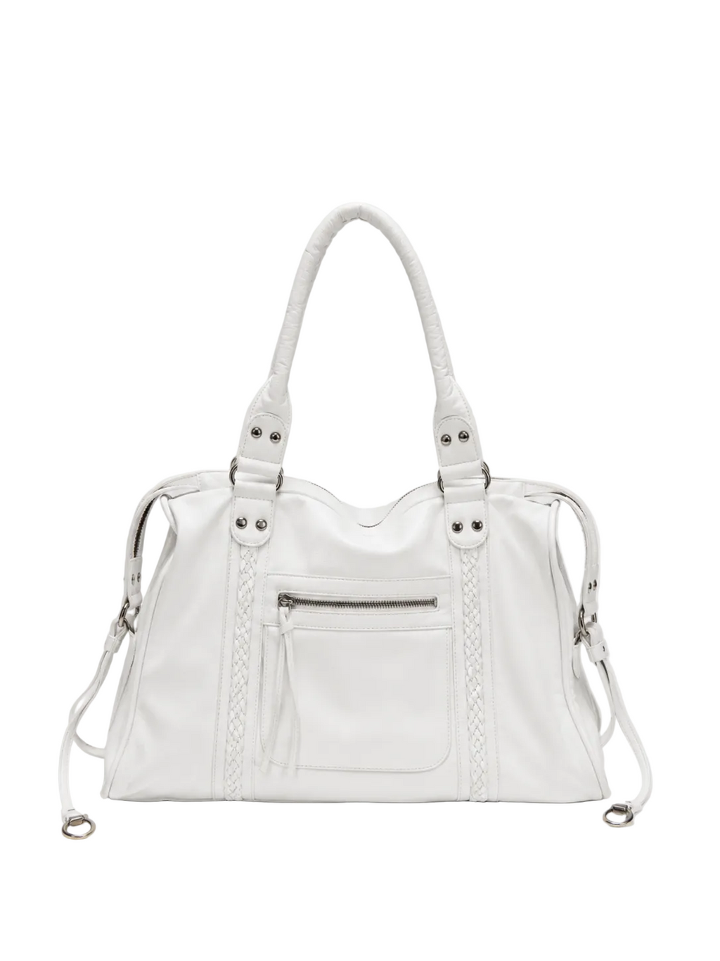 White - A white leather shoulder bag with braided strap details, silver-tone hardware, and a front zippered pocket, shown against a plain light gray background.