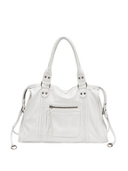 White - A white leather shoulder bag with braided strap details, silver-tone hardware, and a front zippered pocket, shown against a plain light gray background.
