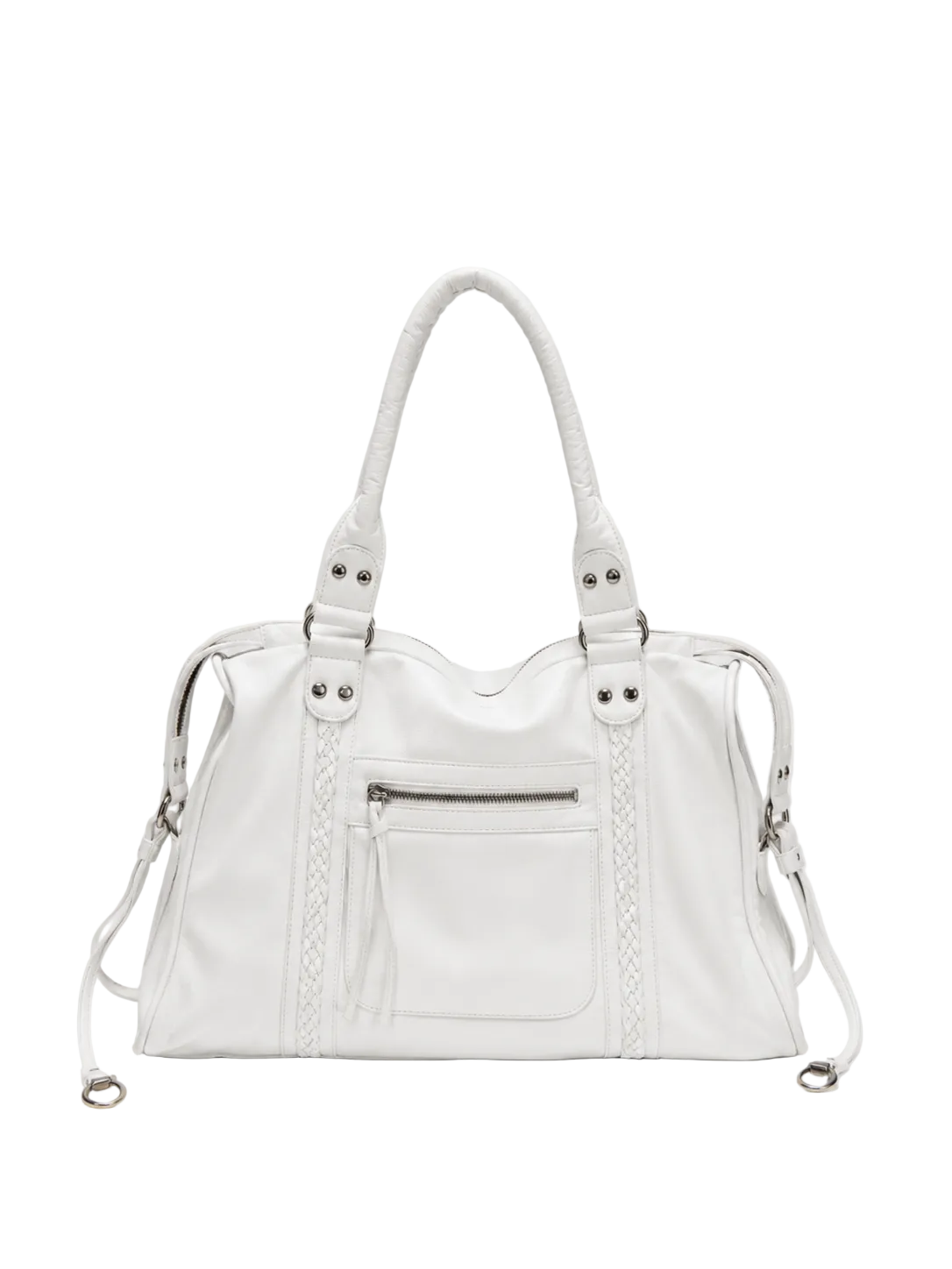 White - A white leather shoulder bag with braided strap details, silver-tone hardware, and a front zippered pocket, shown against a plain light gray background.